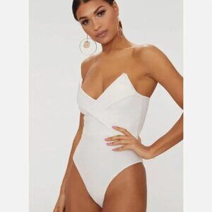 PrettyLittleThing White Tux Bandeau Bodysuit, Small